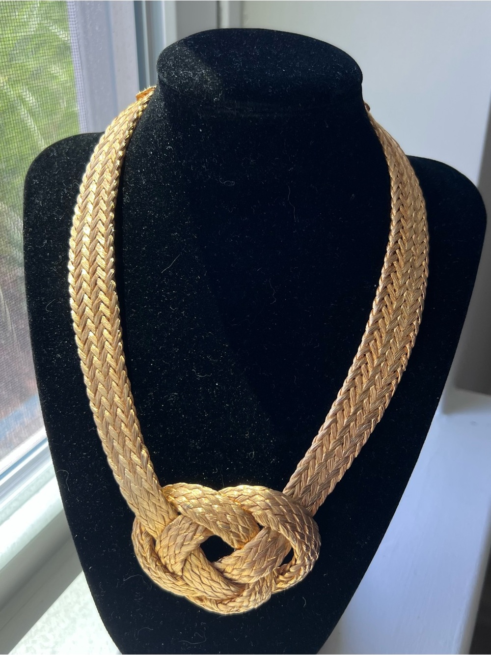 Gold Tone Metal Braided Chain Knot Statement Necklace Lobster Clasp